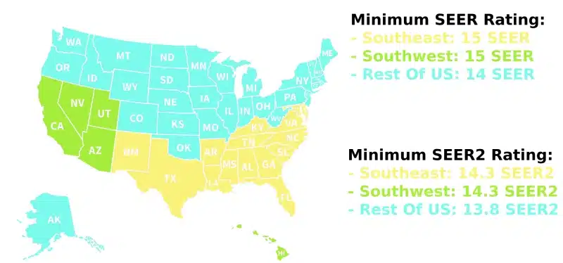 Map showing the new SEER2 ratings for different areas of the U.S.
